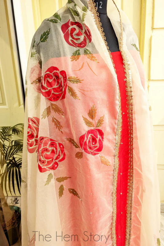 SUIT SET- Rose Handpainted Suit Material with Handwork