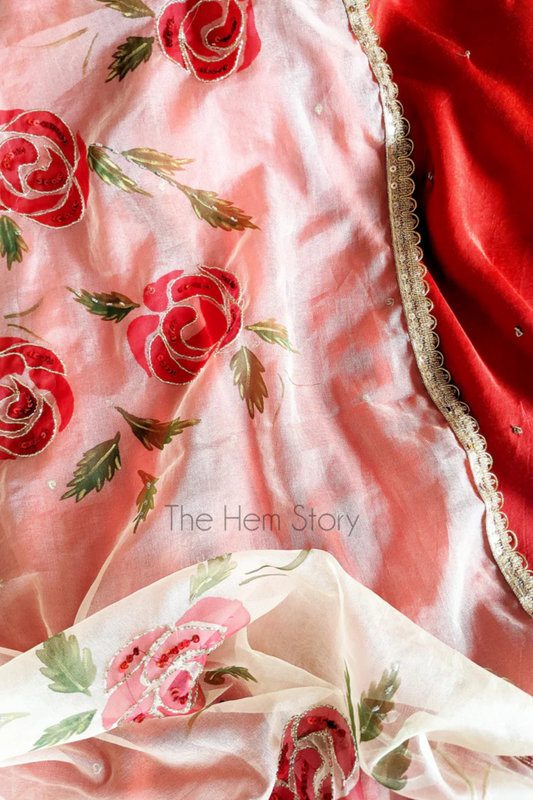 DUPATTAS- Beige Handpainted Organza Dupatta With Intricate Handwork and Sequins Detailing